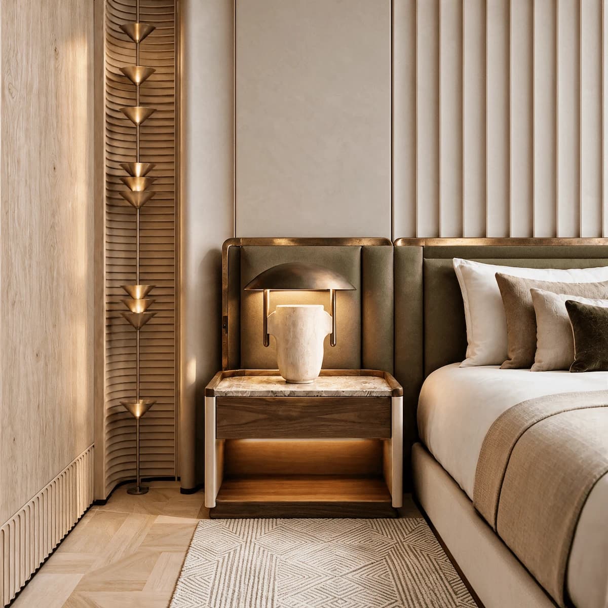 Layered bedroom textiles beside a stone lamp and illuminated timber bedside cabinet