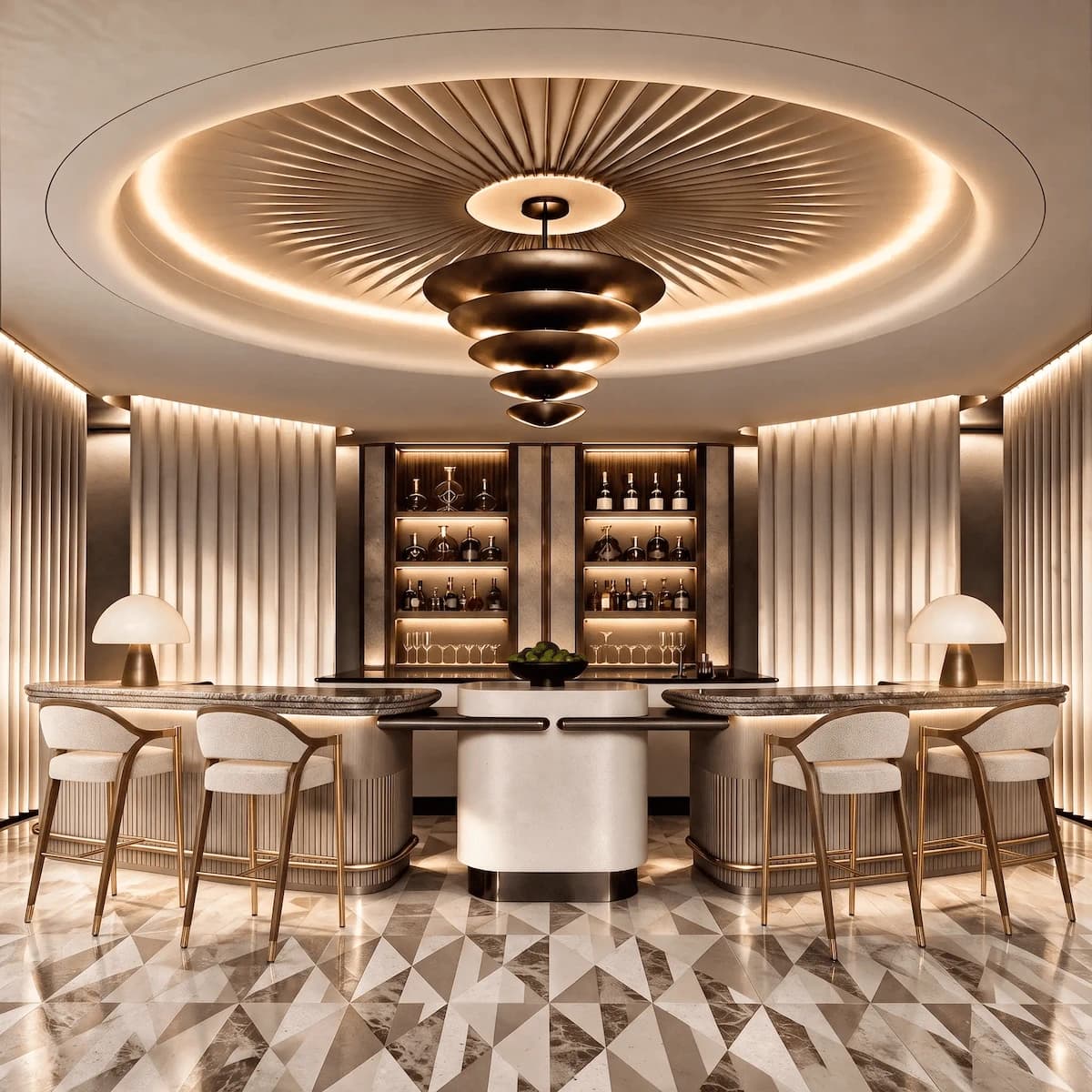 Curved marble bar and cream seating beneath a sculptural pendant light