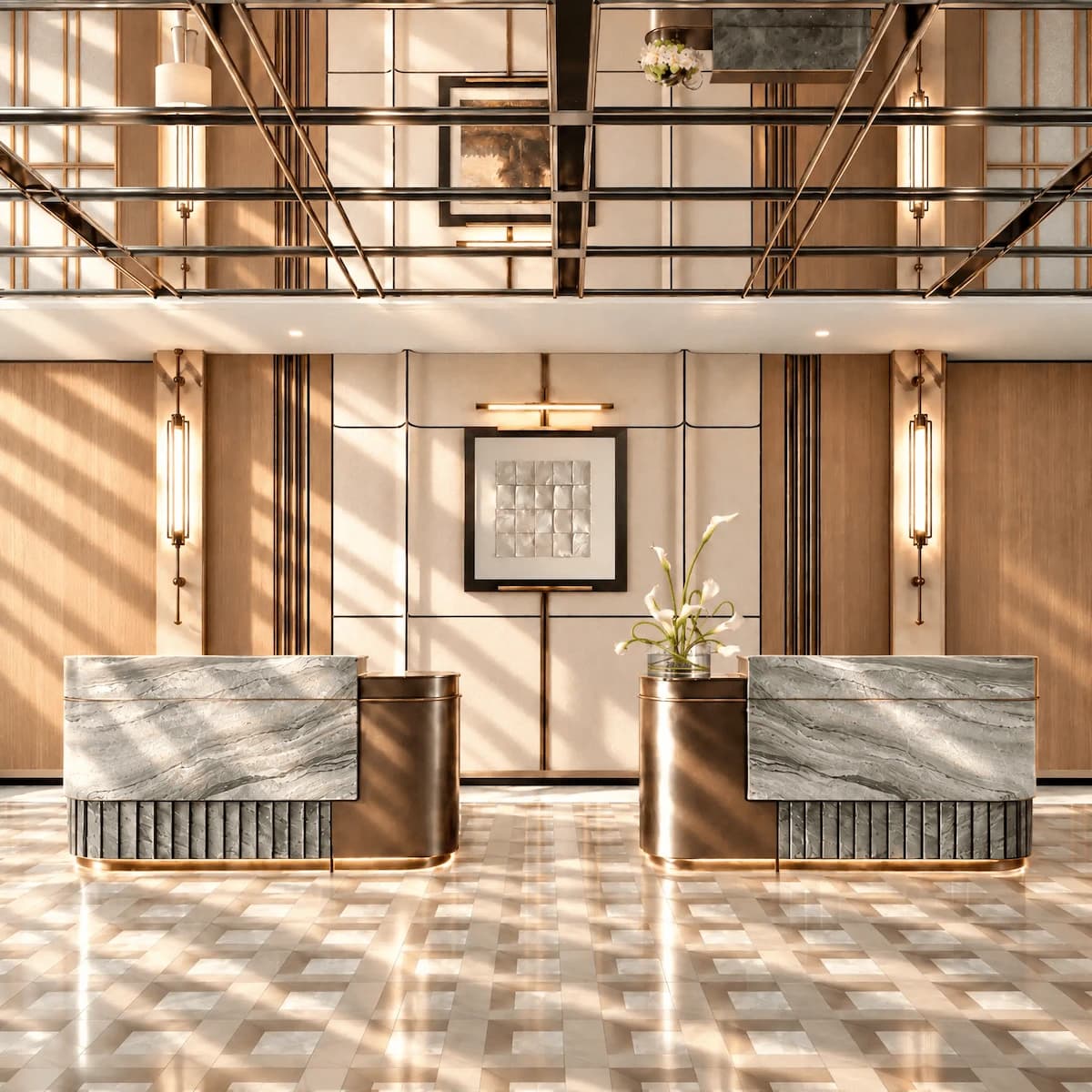 Marble reception desks beneath a mezzanine in a sunlit hotel lobby