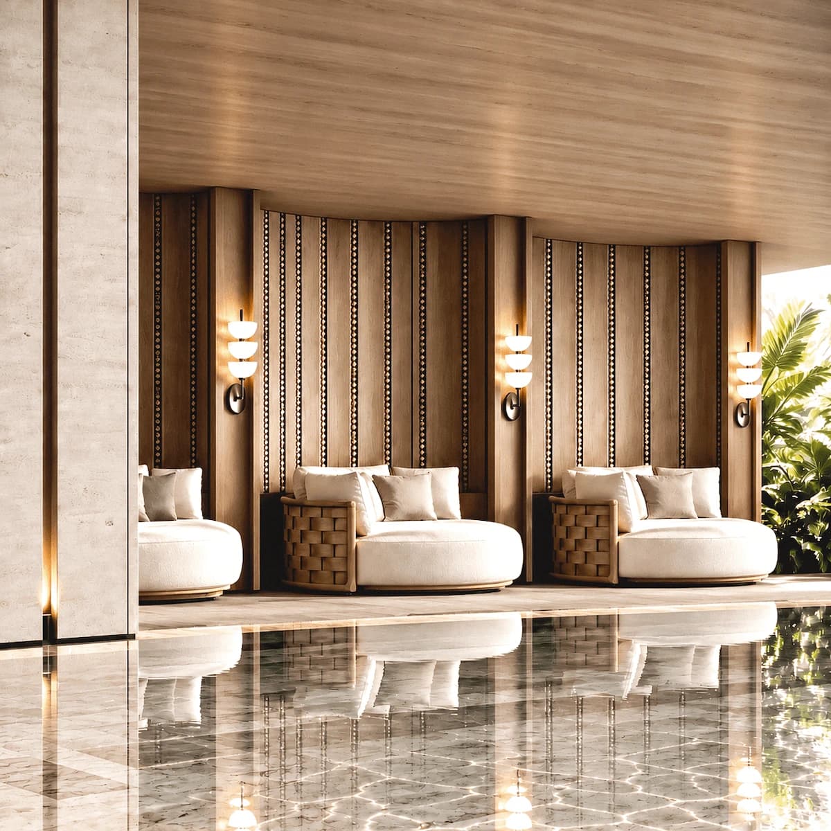 Cream lounge seating beside a reflective indoor pool and timber screens