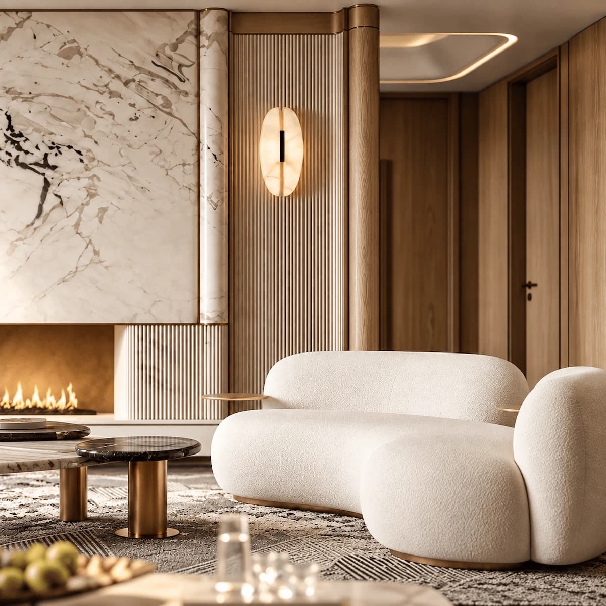Curved cream seating beside a marble fireplace and timber panelling