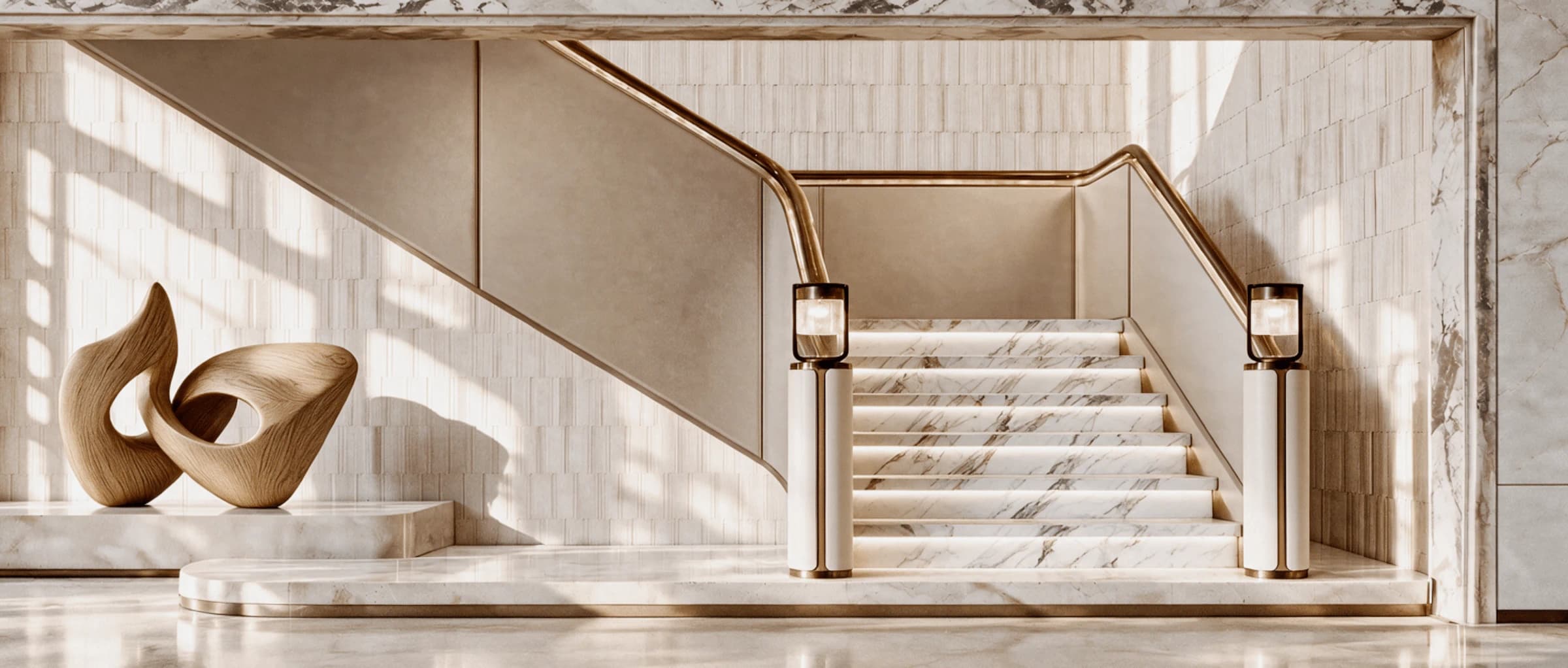 Sunlit marble staircase with brass handrails and sculptural timber artwork