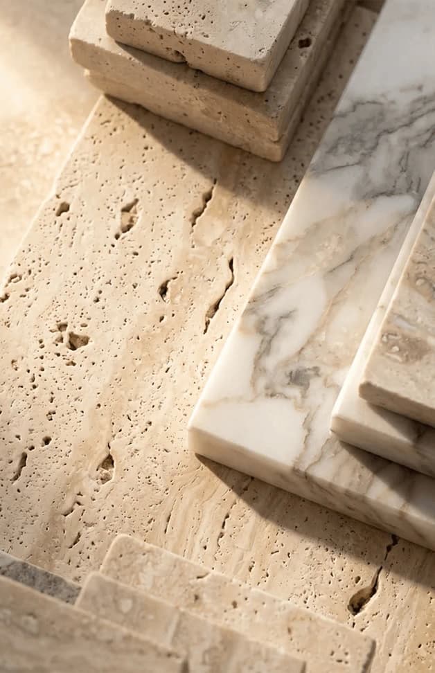 Layered travertine and marble samples